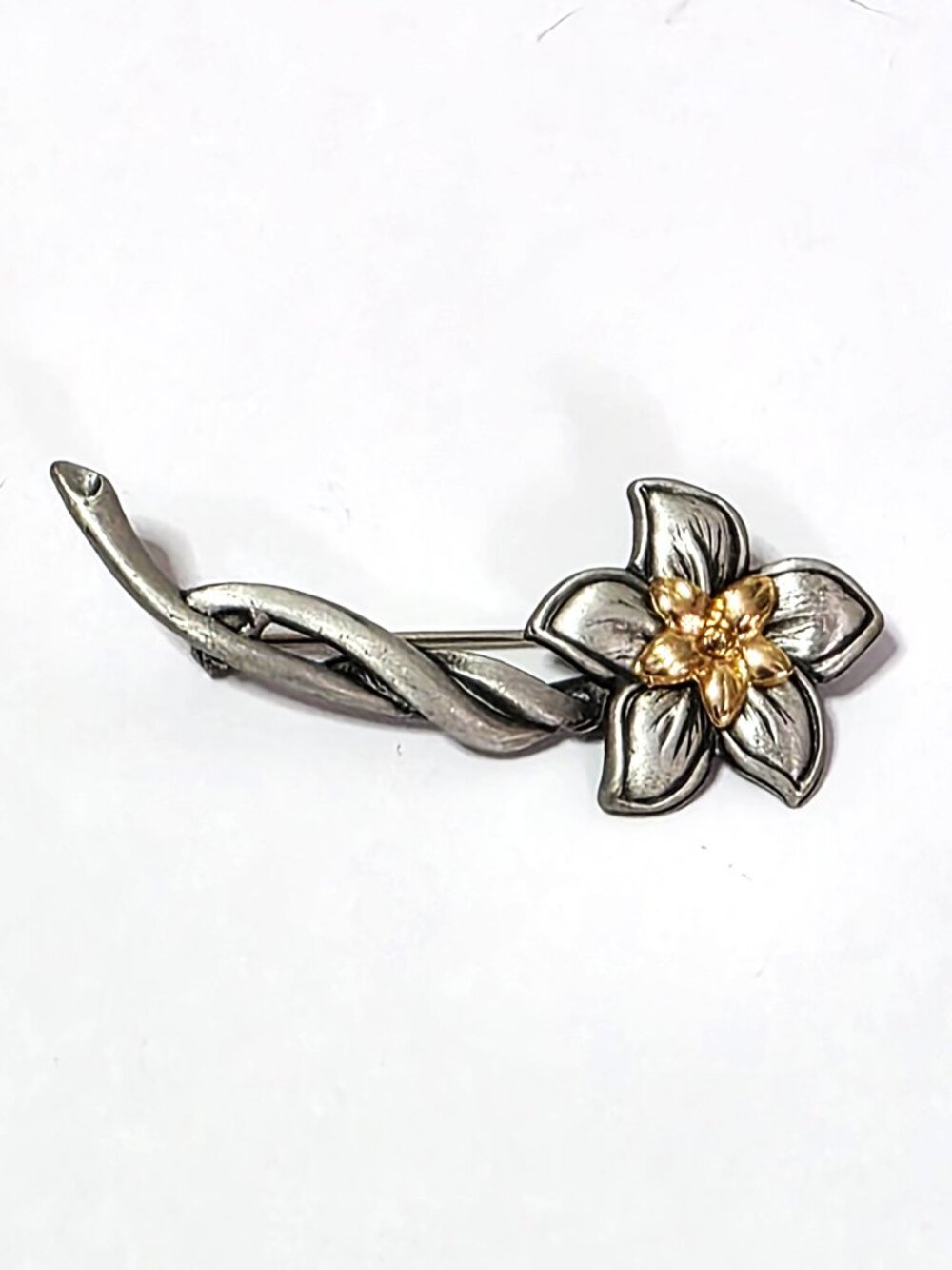 Pewter & gold-tone flower pin or brooch
